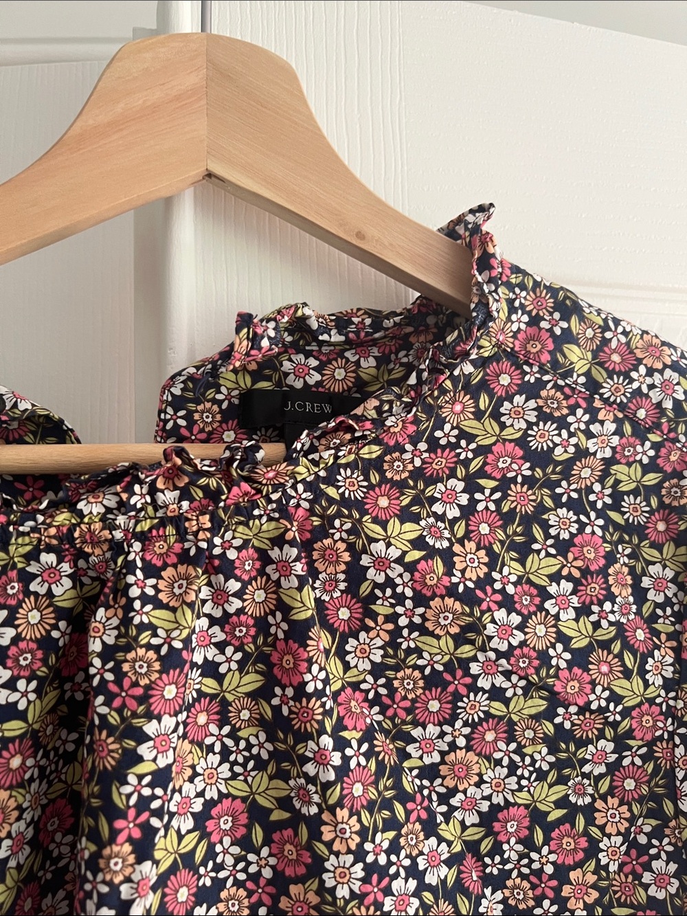 J Crew Floral Ruffle Neck Puff Sleeve Top - Navy/Pink - Picture 5 of 6
